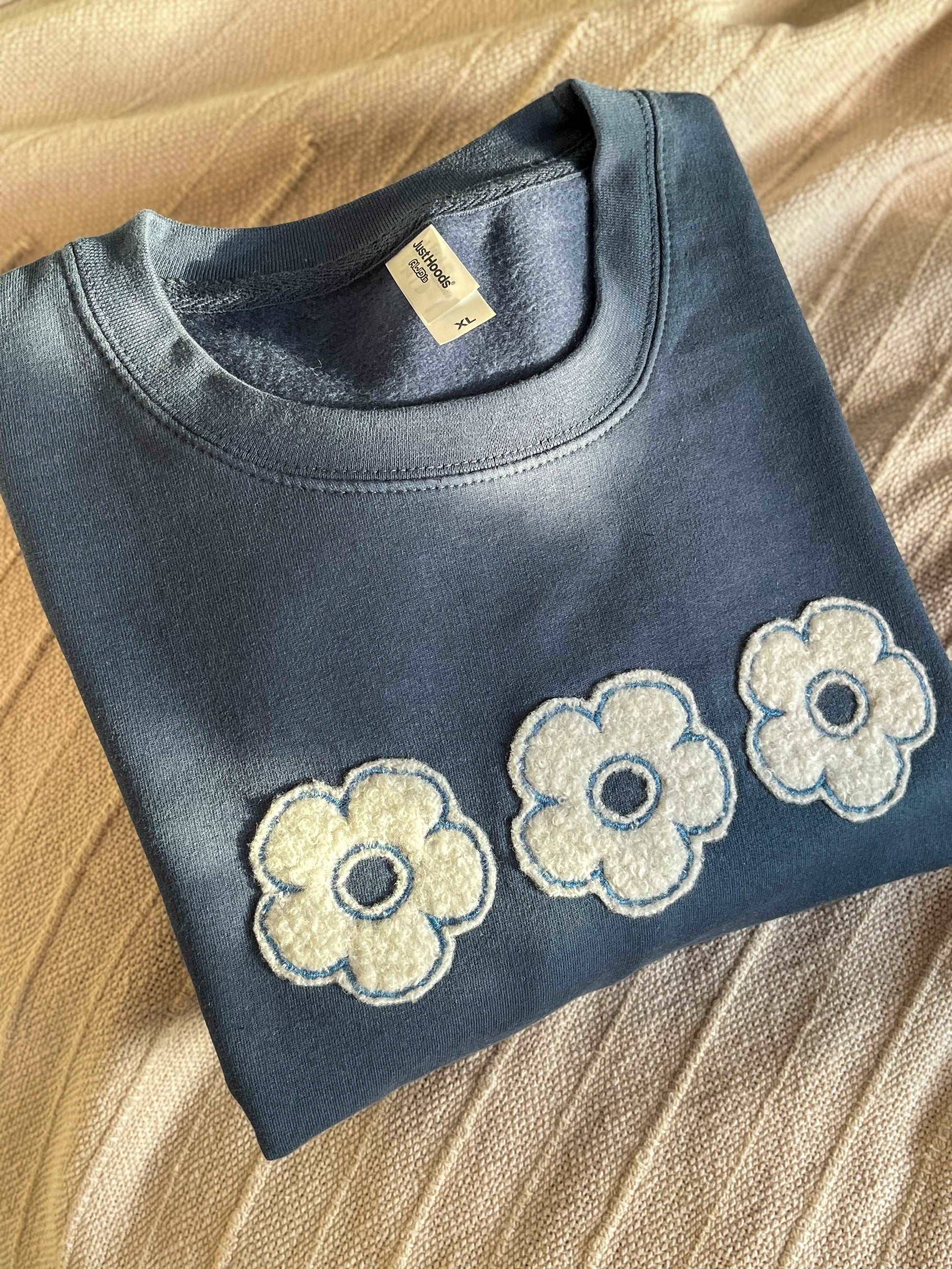 Blue Fluffy Floral Applique Sweatshirt