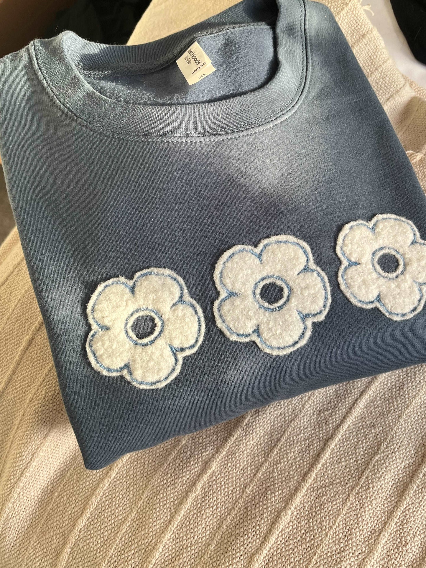 Blue Fluffy Floral Applique Sweatshirt